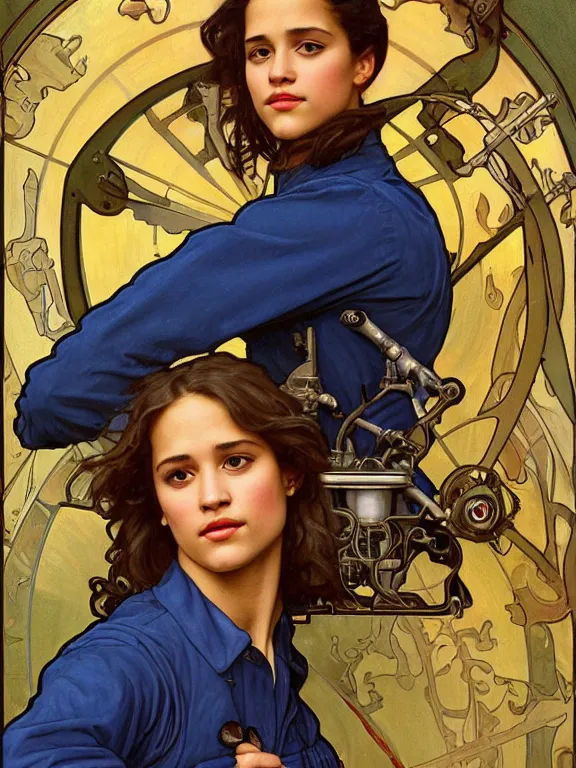 Image similar to an art nouveau style head and shoulders portrait oil painting of a pretty young alicia vikander or jessica alba as a mechanic in a dirty coveralls holding a wrench, in front of a round, complex rotary airplane engine, intricate, detailed, smooth, complex, elaborate, by alphonse mucha and james gurney and john william waterhouse and bouguereau