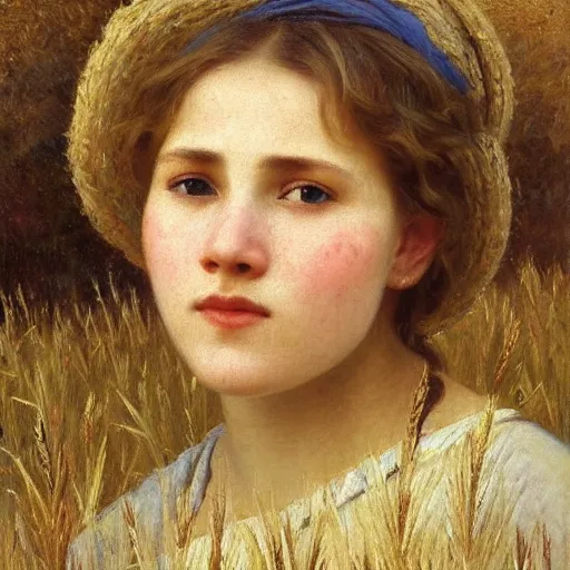 Image similar to a detailed, intricate oil painting close - up portrait of a ukrainian peasant girl in a field of grain, by william adolphe bougereau