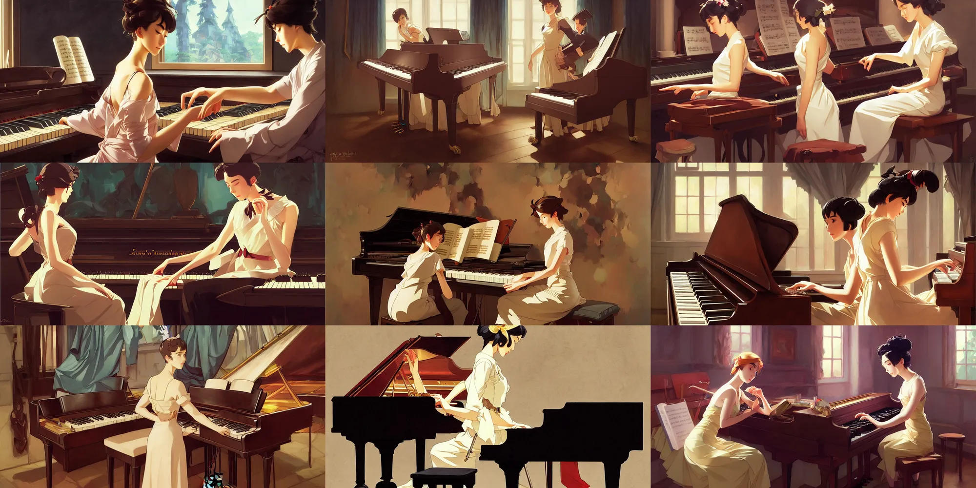 Prompt: piano, in the style of studio ghibli, j. c. leyendecker, greg rutkowski, artgerm