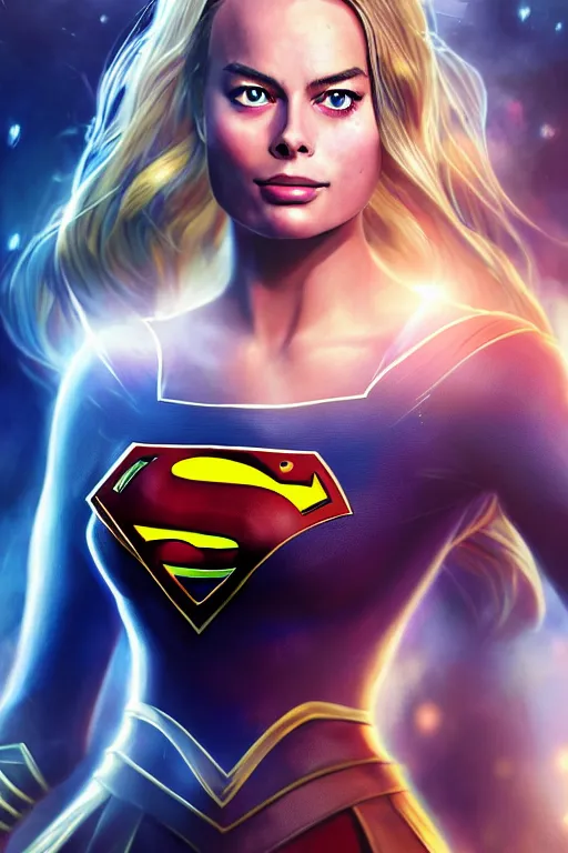 Image similar to majestic and anime key visual margot robbie female supergirl, dc universe, perfect face, beautiful, intricate, epic, elegant, fantasy, highly detailed, digital painting, hard focus, beautiful volumetric lighting, epic light, ultra detailed, by leesha hannigan, ross tran, thierry doizon, kai carpenter, ignacio fernandez rios