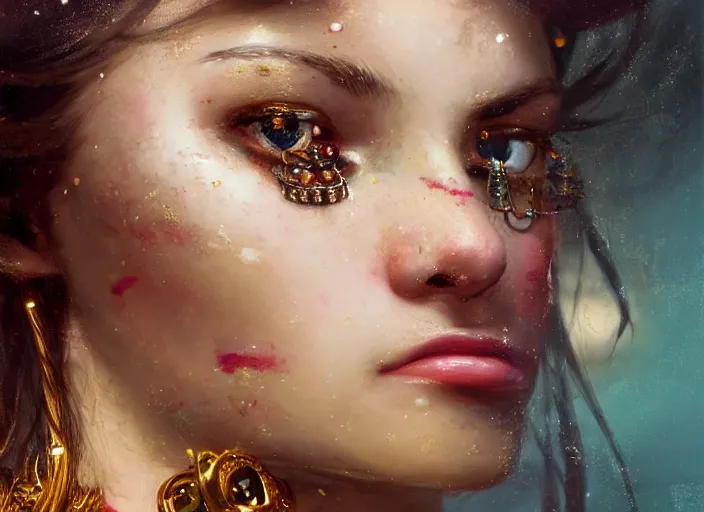 Image similar to close up picture of a pirate girl, hard breathing, messy hair, reaching a hands to the camera, jewels and gold on the background, coveted, beautiful and aesthetic and attractive and detailed face, specular reflection, occlusion shadow, intricate, bokeh, masterpiece, by ilya kuvshinov and jeremy lipking and quentin mabille