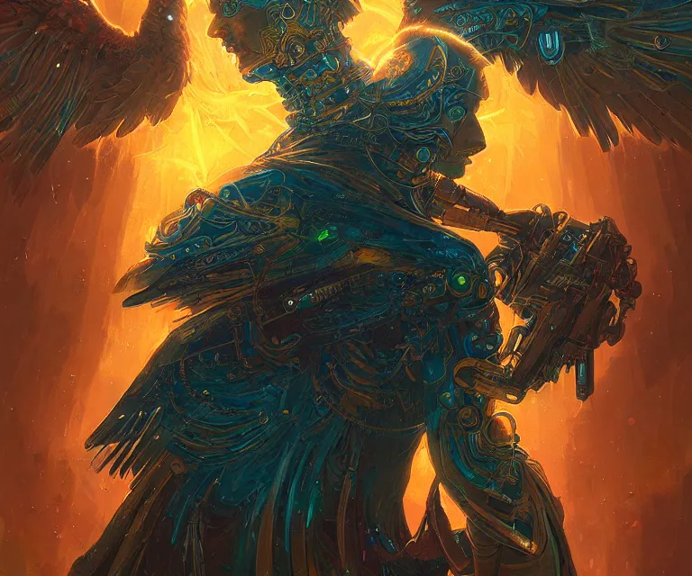 Image similar to a beautiful tarot card artwork of a cyberpunk seraphim in nature, backlit, highly detailed, golden hour, digital painting, by eddie mendoza and greg rutkowski and dan mumford and artgerm, vivid colors, masterpiece, detailed shading, 8 k resolution, intricate, smooth