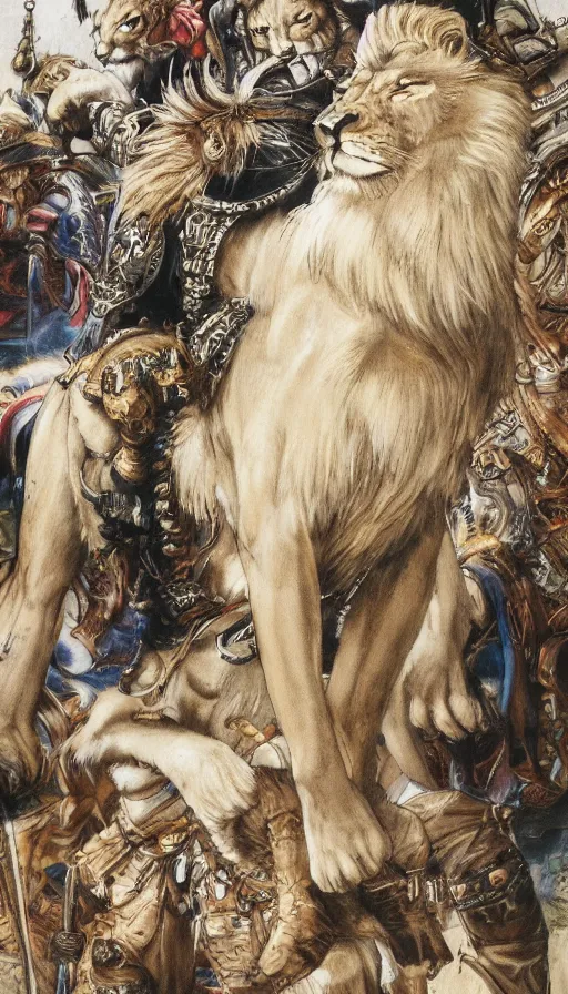 Image similar to 8 k yoshitaka amano painting of upper body of a young cool looking lion beastman with white mane at a medieval market at windy day. depth of field. he is wearing complex fantasy clothing. he has huge paws. renaissance style lighting.