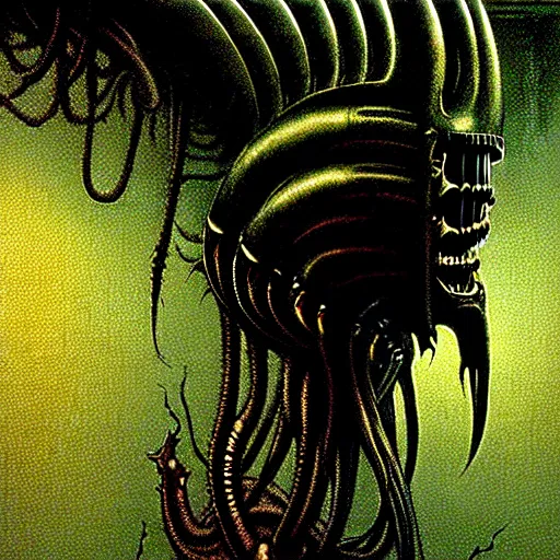 Prompt: black glossy xenomorph, alien movie, endless abandoned office cubicles, pale yellow wallpaper, moist brown carpet, dim fluorescent lighting, artstation, ultra detailed, creepy, dramatic lighting, photorealistic, art by h. r. giger and chris foss and beksinski carl spitzweg. baroque elements. baroque element. intricate artwork by caravaggio.