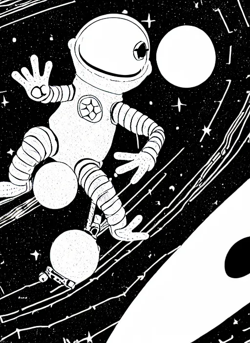 Prompt: highly detailed pen line drawing of a hopeful pretty astronaut Kermit the Frog from Sesame Street, 4k resolution, nier:automata inspired, bravely default inspired, vibrant but dreary but upflifting red, black and white color scheme!!! ((Space nebula background))