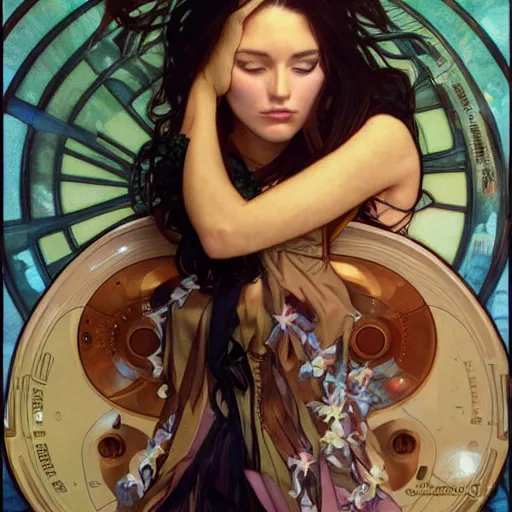 Prompt: photo of tired dj by artgerm and greg rutkowski and alphonse mucha annie leibovitz