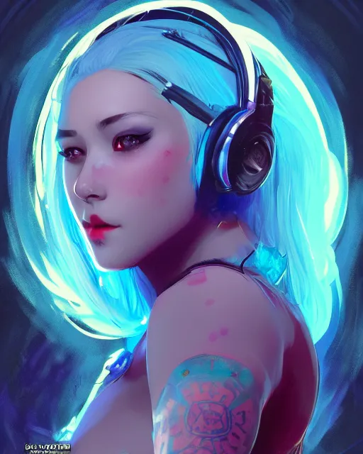 Image similar to pretty girl with blue hair, dj girl, in a club, laser lights background, sharp focus, digital painting, 8 k, concept art, art by wlop, artgerm, greg rutkowski and alphonse mucha