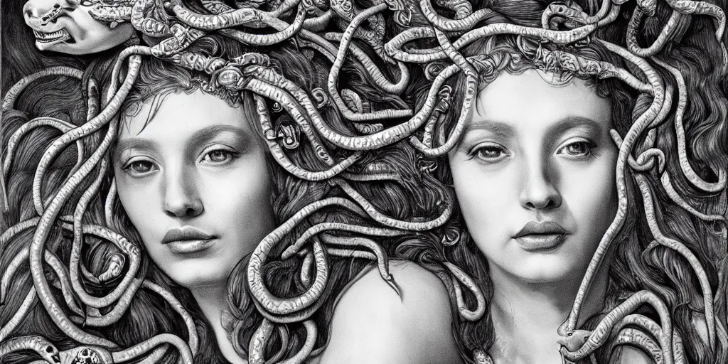 Image similar to realistic portrait of beautiful medusa with her snakes, golden, delicate, facing camera, hyper realism, 1 4 5 0, ink, ultra realistic, 8 k