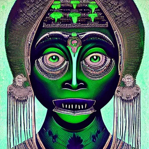 Prompt: professional portrait of a green annunaki woman, creepy, black background, very detailed, very intricate, intimidating,