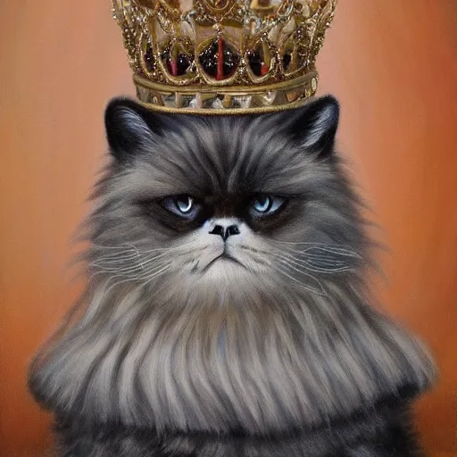 Image similar to anthromorphic fluffy himalayan cat dressed in queen robe and crown, detailed 4 k oil painting