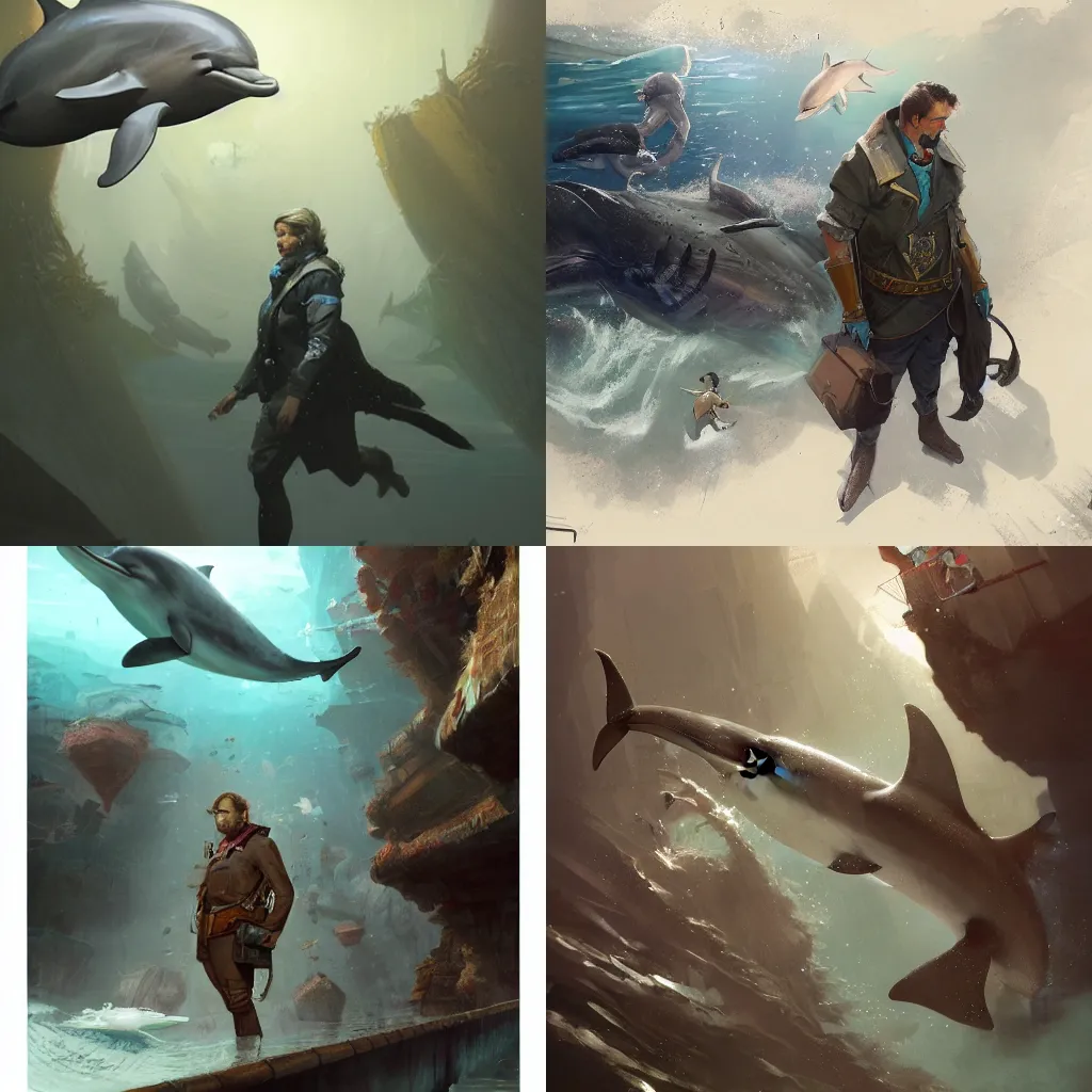 Prompt: Dolphin Detective, fantasy concept art by J.Dickenson and Greg Rutkowski