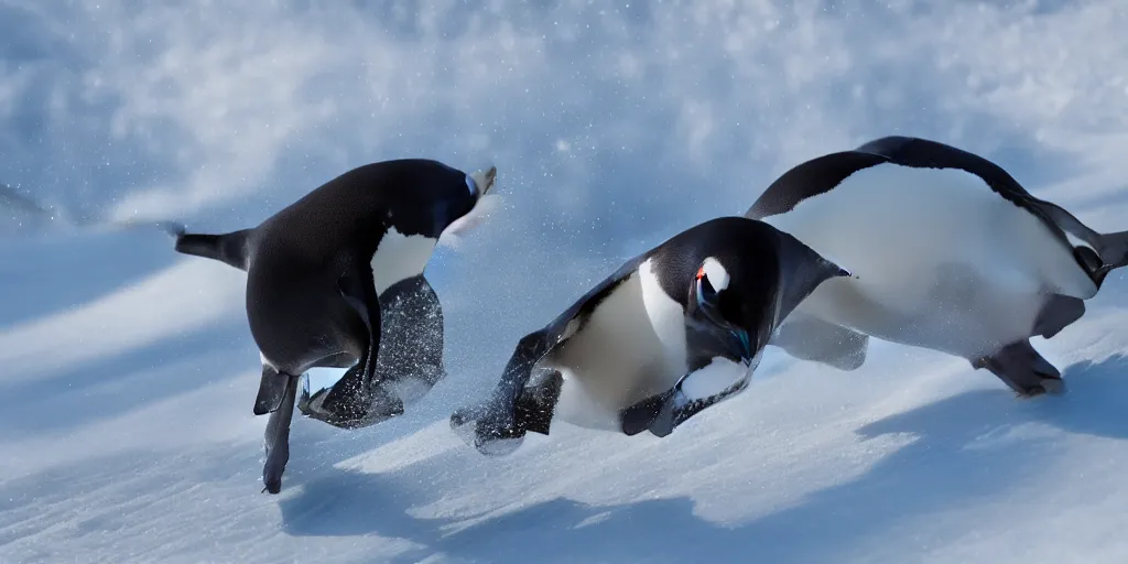 Image similar to ultrawide angle, high speed sporting photography of a penguin on a snowboard. extremely detailed, 8 k