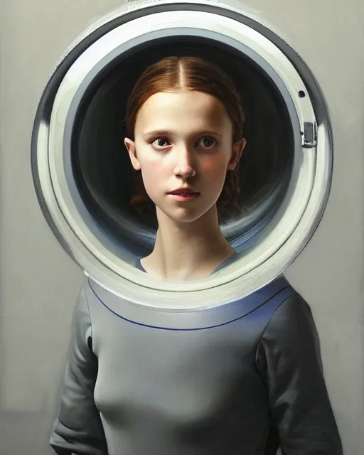 Image similar to a window - lit realistic portrait painting of a thoughtful girl resembling a young, shy, redheaded alicia vikander or millie bobby brown wearing a futuristic skintight spacesuit by a lit round space station porthole, highly detailed, intricate, by vermeer, and donato giancola