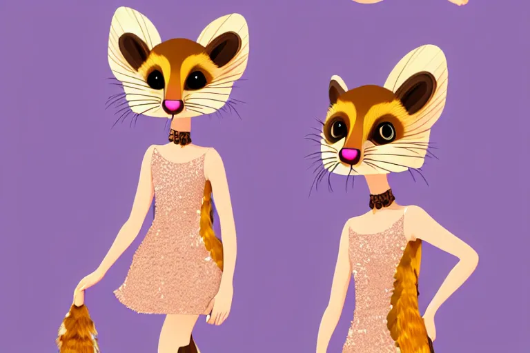 Prompt: detailed flat 2 d : female marten character : wearing jewelry : wearing sequins feathers dress : head legs shoes : lorax movie : artstation