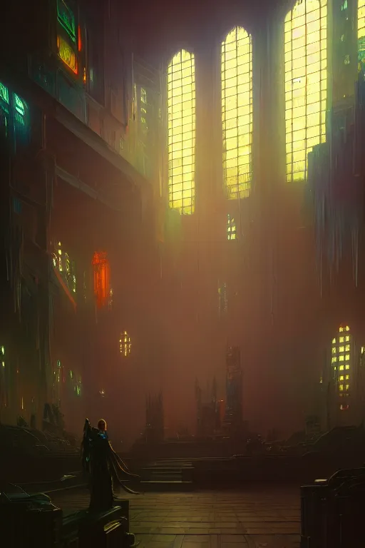 Prompt: cyberpunk church, extremely detailed digital painting, in the style of fenghua zhong and ruan jia and jeremy lipking and peter mohrbacher, mystical colors, rim light, beautiful lighting, 8 k, stunning scene, raytracing, octane, trending on artstation