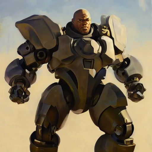 Prompt: greg manchess portrait painting of fully armored bionic augmented the foundation aka dwayne the rock as overwatch character, medium shot, asymmetrical, profile picture, organic painting, sunny day, matte painting, bold shapes, hard edges, street art, trending on artstation, by huang guangjian, gil elvgren, ruan jia, greg rutkowski, gaston bussiere