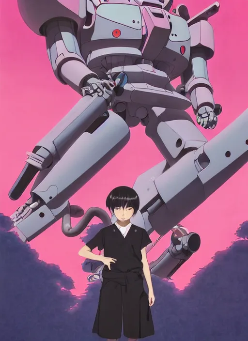 Image similar to Artwork by James Jean, Phil noto and hiyao Miyazaki; a young Japanese future samurai police girl named Yoshimi battles an enormous looming evil natured carnivorous pink gundam robot on the streets of Tokyo; Japanese shops and neon signage; crowds of people running; Art work by studio ghibli, Phil noto and James Jean