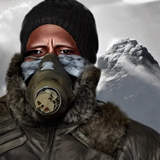 Prompt: dwayne johnson wearing arctic clothing and a gas mask, vaping thick clouds through the mask, close - up, hyper detailed 3 d matte painting