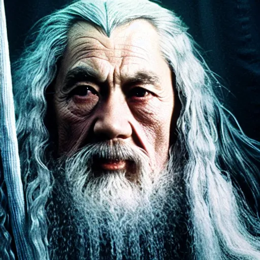 Image similar to a still from “ lord of the rings ” of a head and shoulders portrait of master tang as gandalf, photo by phil noto