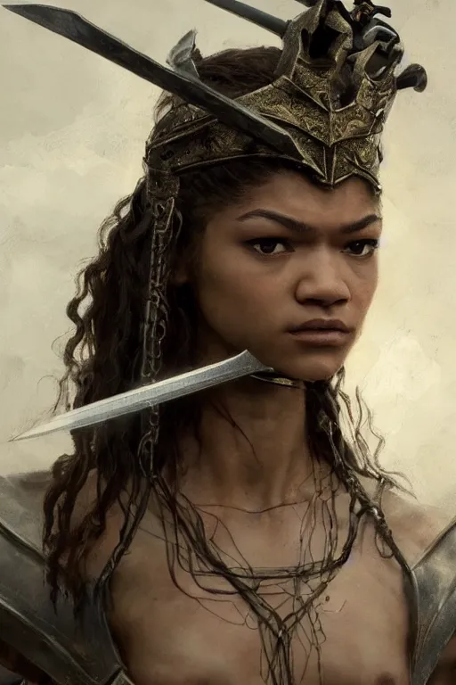 Prompt: zendaya, legendary warrior, heroic fighter, lord of the rings, tattoos, decorative ornaments, battle armor, omar ortiz, carl spitzweg, ismail inceoglu, vdragan bibin, hans thoma, greg rutkowski, alexandros pyromallis, perfect face, sharply detailed, centered, rule of thirds, realistic shading, photorealism