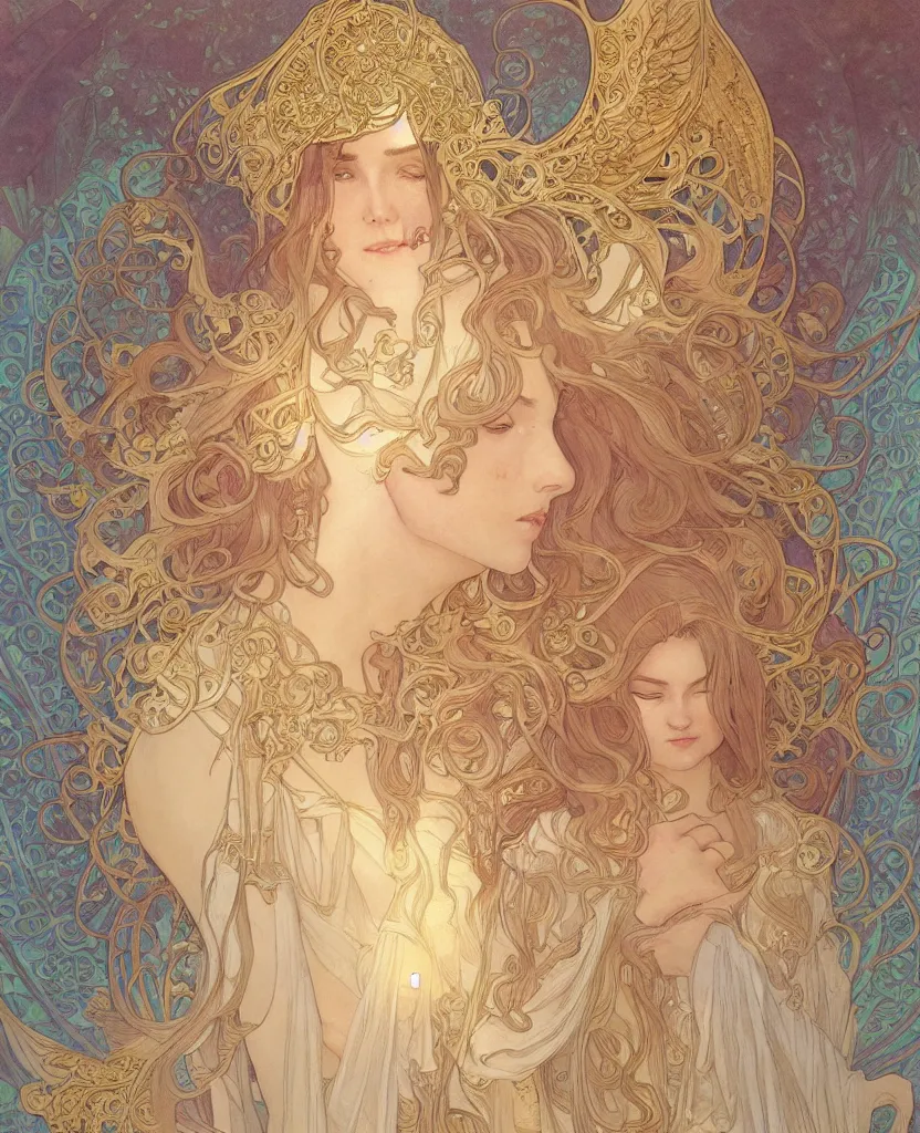 Image similar to an angel, highly detailed, very intricate, art nouveau, gold filigree, romantic storybook fantasy, soft cinematic lighting, award - winning, disney concept art watercolor illustration by mandy jurgens and alphonse mucha and alena aenami, pastel color palette, featured on artstation