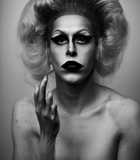 Image similar to a high quality, high detail, portrait of a drag queen by kyle thompson, intense look in the eyes, moody, nostalgic