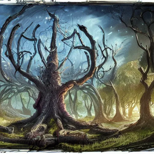 Prompt: the tree from elden ring in center of frame with a medieval town built around the roots and branches, high detail concept art, painting beautiful landscape
