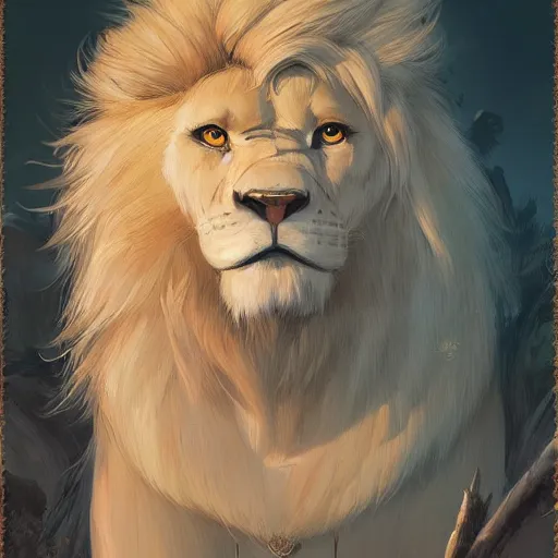 Prompt: aesthetic portrait commission of a albino male furry anthro lion wearing caveman clothing, cozy atmosphere, hyperdetailed. character design by charlie bowater, ross tran, artgerm, and makoto shinkai, detailed, inked, western comic book art, 2 0 2 1 award winning painting
