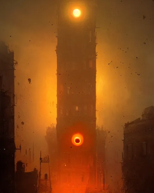 Prompt: A Towering Victorian House of The Void with big orange eyeballs staring out from the windows, Red and Orange colored, Lovecraftian, 4k, masterpiece, cinematic, glowing, by Greg Rutkowski, Trending on Artstation, Behance. Polished, Volumetric Lighting