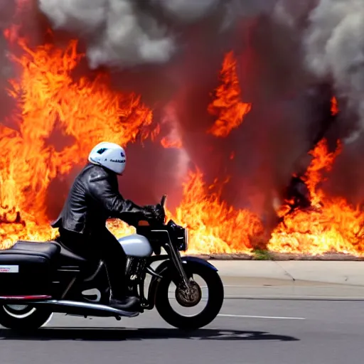 Image similar to Donald Trump on a motorcycle with fire coming out of the exhaust, without him wearing a helmet, leather jacket, cinematic lighting