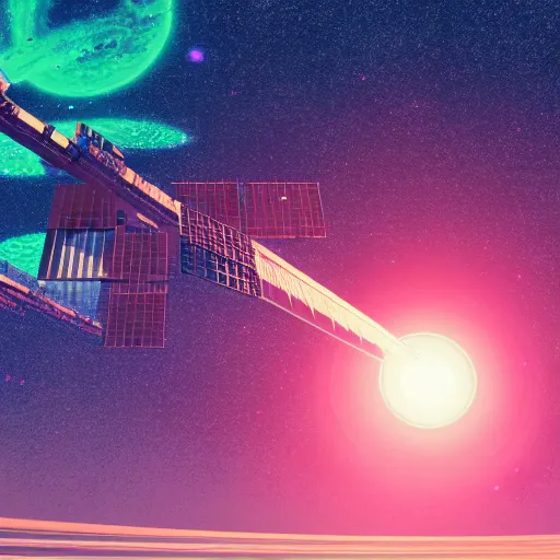 Image similar to beautiful render of space station by dan mumford, graphic novel, pastel anaglyph, unreal engine, 4k hd wallpaper, happy color scheme