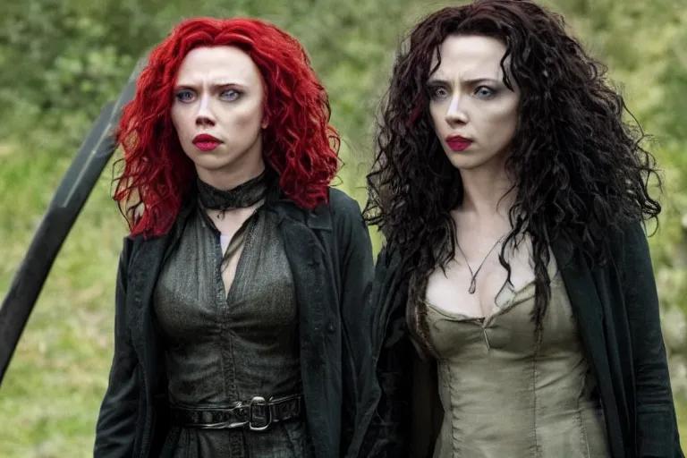 Prompt: film still Scarlet Johansson as Bellatrix Lestrange in Harry Potter movie