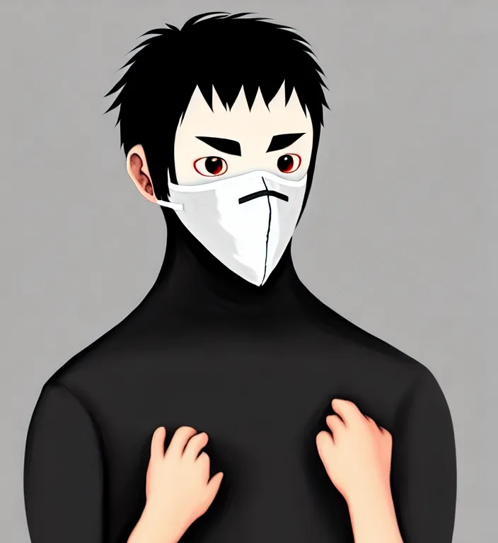 Image similar to white man with black fabric mask, short dark hair, true anatomy!, digital painting, style of hayao miyazaki