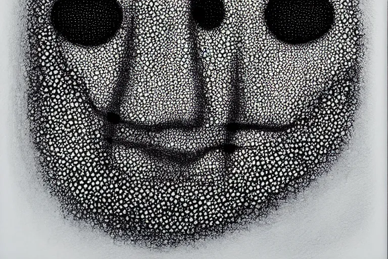 Image similar to face made out of mist, faceless people dark, dots, drip, stipple, pointillism, technical, abstract, minimal, style of francis bacon, asymmetry, pulled apart, cloak, hooded figure, made of dots, abstract, balaclava