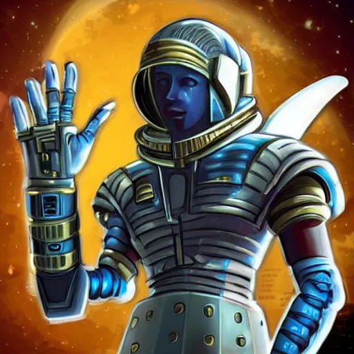 Image similar to space pharaoh with a cybernetic gauntlet, steampunk theme, futuristic environment, epic background