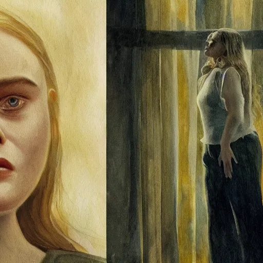 Prompt: Elle Fanning in the painted world of True Detective, head and shoulders masterpiece, apocalypse, golden hour, cosmic horror, artstation, in the style of Andrew Wyeth and Edward Hopper and Bosch, extremely detailed