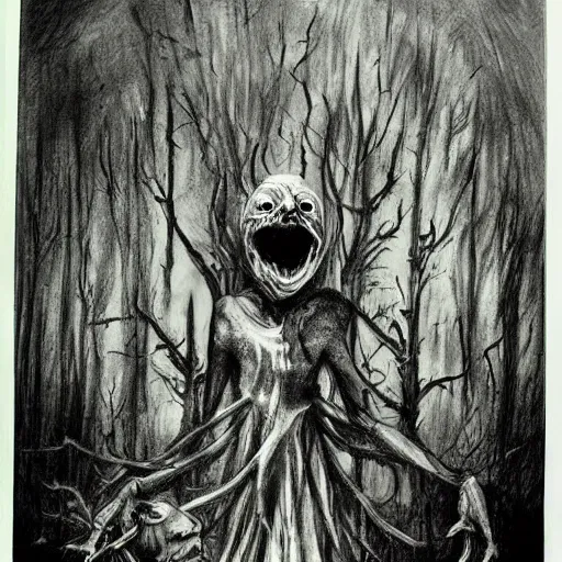 Prompt: Black and white drawing of Threed, Stephen Gammell style, evil, high detail, Scary Stories