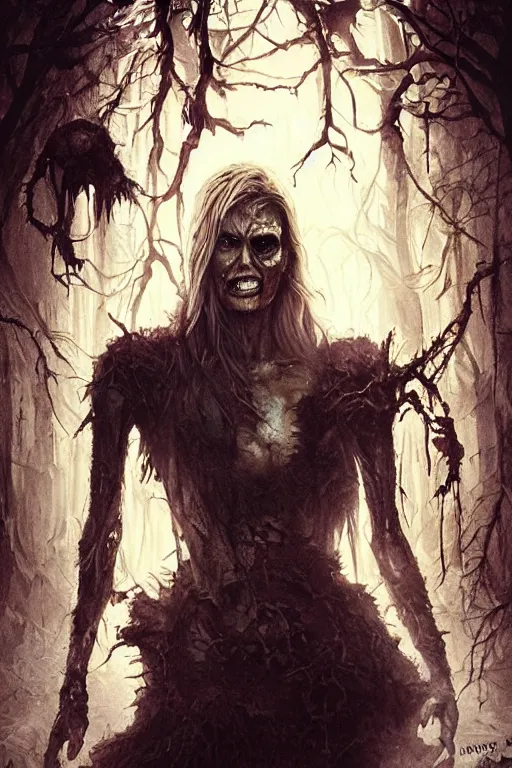 Image similar to movie poster of Karlie Kloss staring in a 1980 horror movie, zombie themed, by artgerm and greg rutkowski