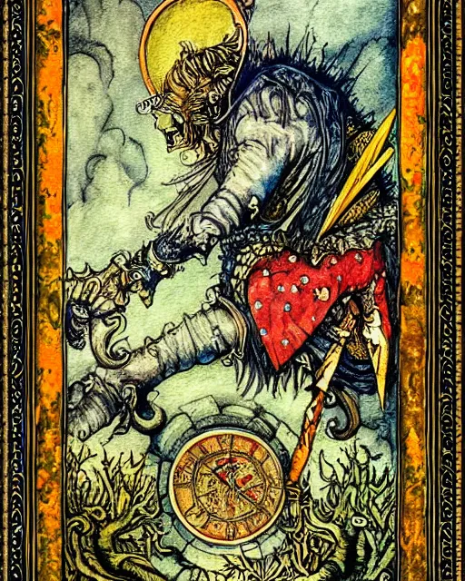 Image similar to tarot card, very detailed painting, illustration, colorful, tarot card ornate frame with roman numerals, in style of Arthur Rackham