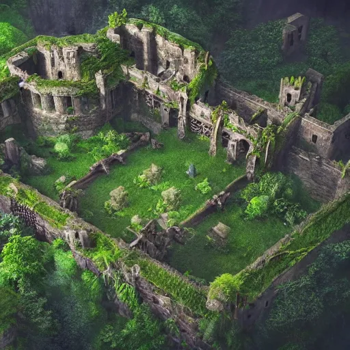 Image similar to giant ancient castle in an forest with some ivy plants on the walls, cinematic, epic, dramatic lighting from above, dark, vines, fantasy, dust, unreal engine, octane, highly detailed, concept art, dark, super realistic