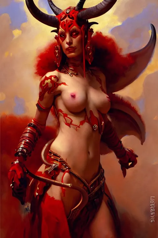 Image similar to painted close - up portrait of a very attractive red - skinned intimidating demon alien queen with ram horns! oil painting, wearing a noblewoman's outfit, fantasy art by john singer sargent and gaston bussiere and james jean and greg rutkowski, demon noble character design, hd