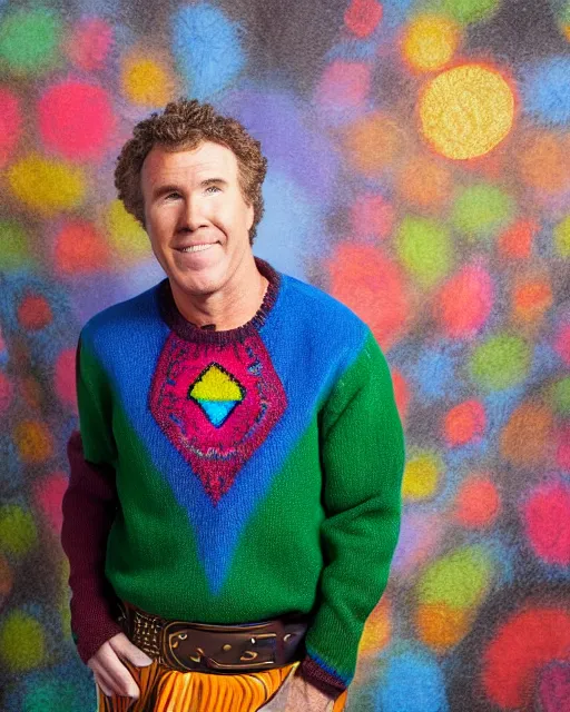Image similar to headshot of the will ferrel, wearing a colorful coogi sweater, and a kilt, photoshoot in the style of annie leibovitz, studio lighting, soft focus, bokeh