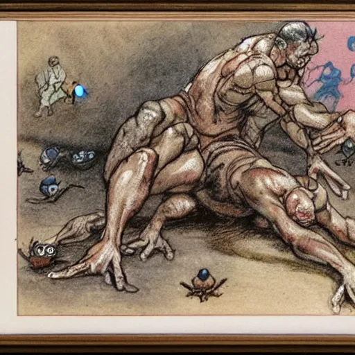 Prompt: a muscular frog man suplexing a toad man in a wrestling ring, detailed, artist arthur rackham, pastel colors