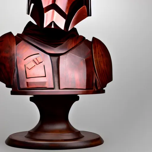 Image similar to a real - world sculpture bust of the mandalorian star wars character, made of highly polished walnut wood, polished, cedar, polished tiger - wood. photograph, photographic, 3 5 mm