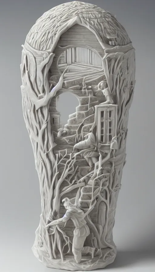 Prompt: the utopia portal highly detailed carving on southern ice porcelain, partially glazed, woodfired, art gallery