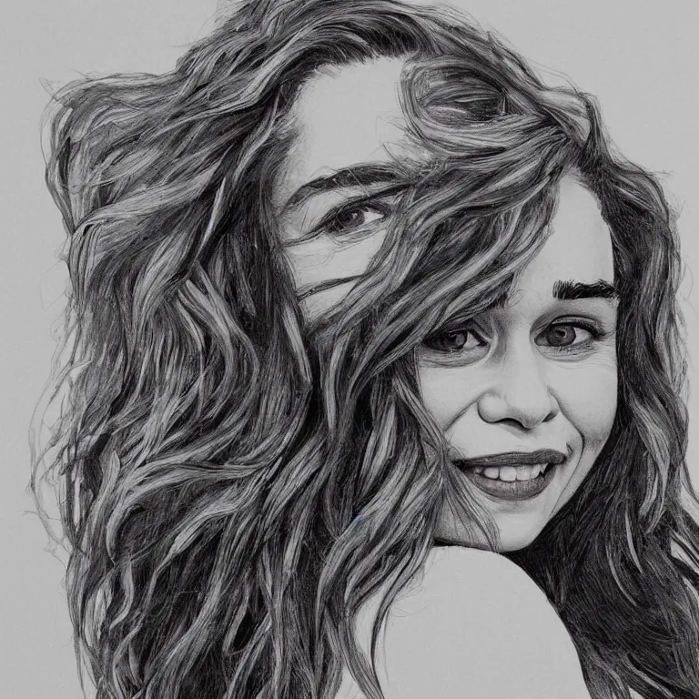 Image similar to an amaze - art painting of emilia clarke using single line, amaze art, smiling face