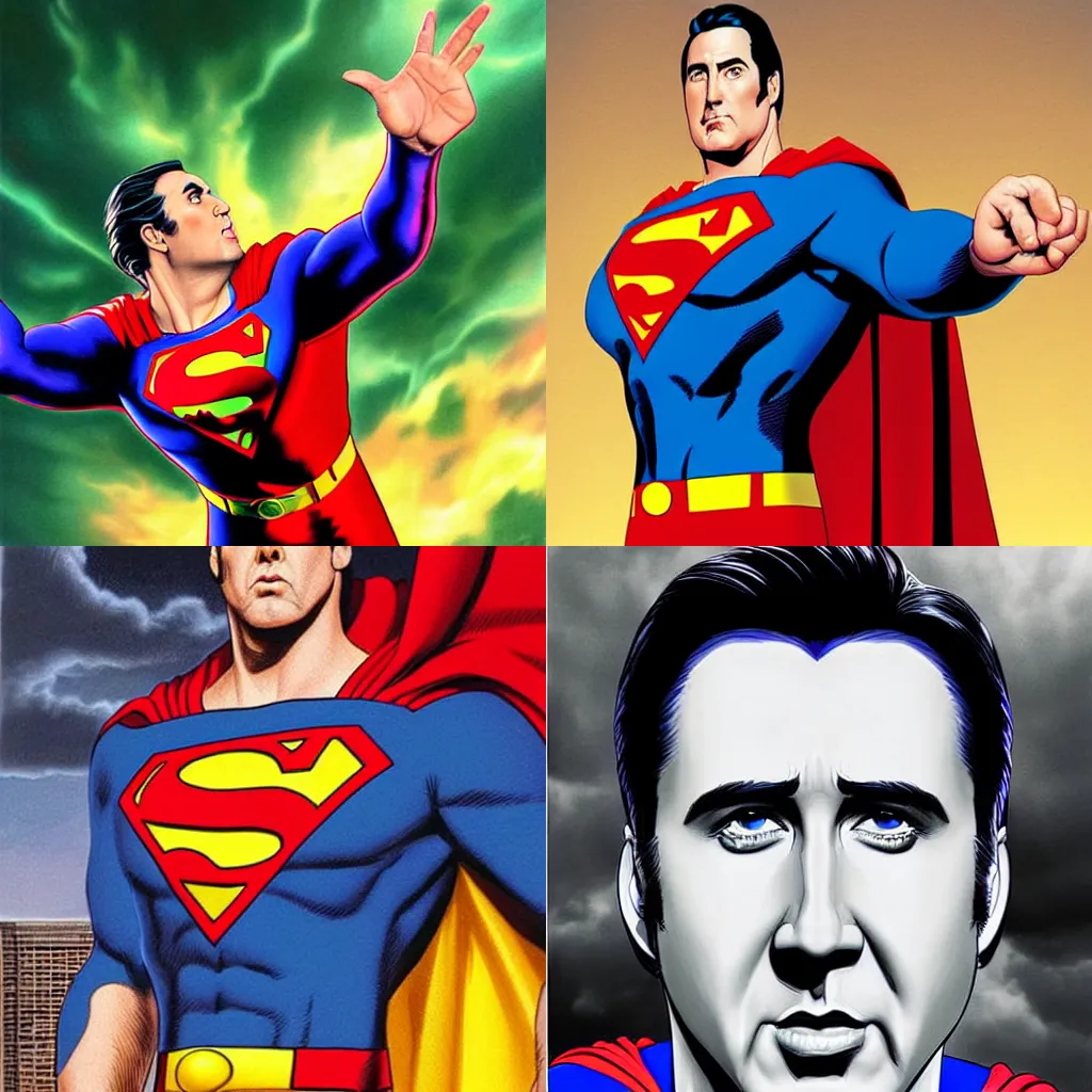 Prompt: Nicolas Cage as Superman, photorealistic digital painting, digital art by brian bolland by alex ross