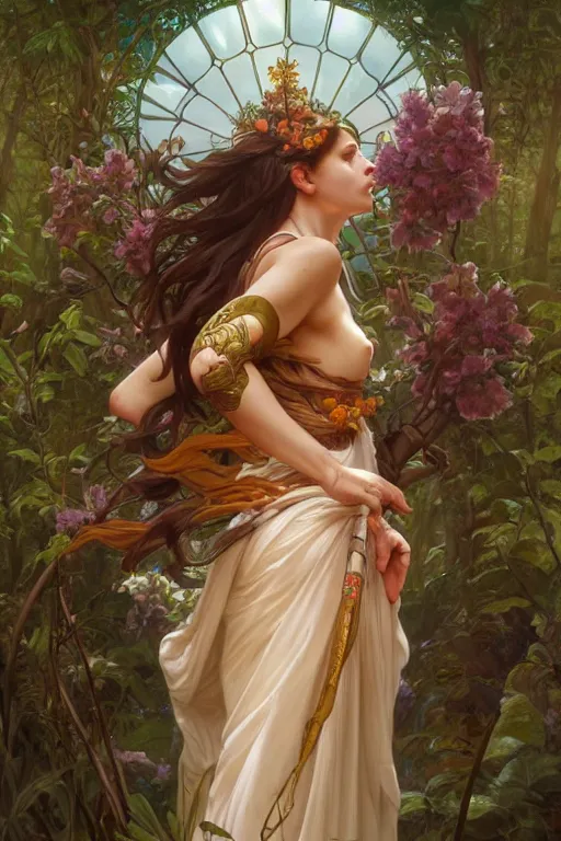 Image similar to goddess of nature, accurate anatomy, only two hands, highly detailed, digital painting, artstation, concept art, smooth, sharp focus, illustration, Unreal Engine 5, 8K, art by artgerm and greg rutkowski and Alphonse Mucha