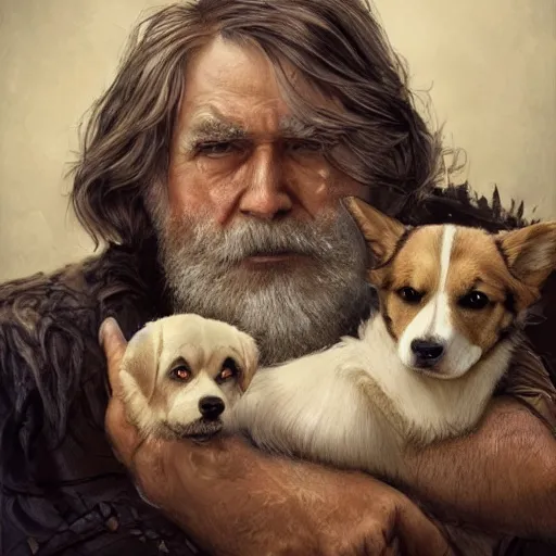 Prompt: portrait of a old, ruggedly handsome bearded man cuddling a corgi dog, soft hair, muscular, half body, cloth, d & d, fantasy, intricate, elegant, highly detailed, digital painting, artstation, concept art, smooth, sharp focus, illustration, art by artgerm and greg rutkowski and alphonse mucha