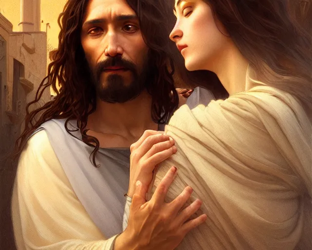 Prompt: photography of jesus coupling with a women in jerusalem, deep focus, intricate, elegant, highly detailed, digital painting, artstation, concept art, matte, sharp focus, illustration, art by artgerm and greg rutkowski and alphonse mucha